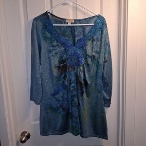One World Blue Teal Rhinestone Tunic Shirt 1X